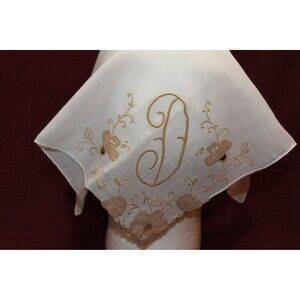 Vintage D Handkerchief Mid Century Modern Hankie Embroidered Floral Large Hankie